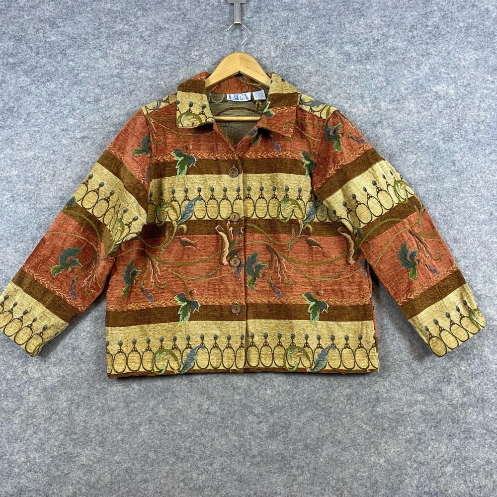 BFA Classics Vintage 80s Tapestry Jacket Size LP Coral‎ Gold Earthtone Floral